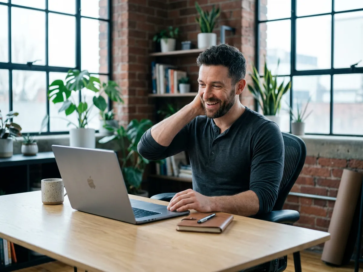 A coach in a plant-filled loft studio leaning back from his laptop with a surprised, grateful smile