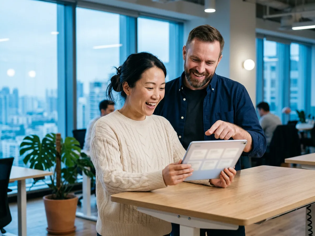 A course creator and a colleague smiling at a tablet showing a grid of testimonials in a bright office